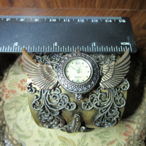 Steampunk Large Wrist Cuff Watch Face Wings Ornate Filigree Chunky Bracelet - Picture 15 of 15